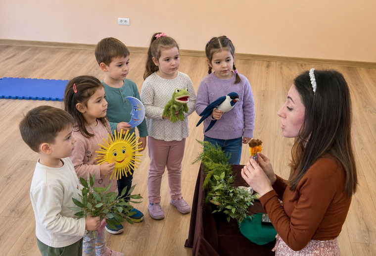 Copii într-un atelier de teatru cu păpuși